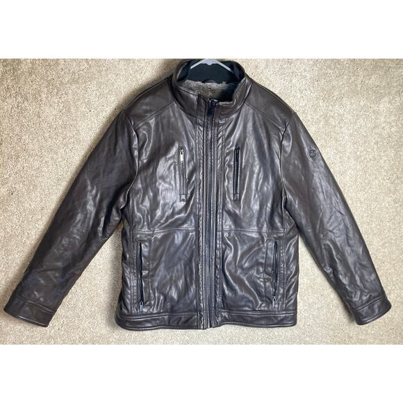 Calvin Klein Brown Leather Like Outer Jacket Coat Mens Large Polyester Filling - Picture 1 of 16